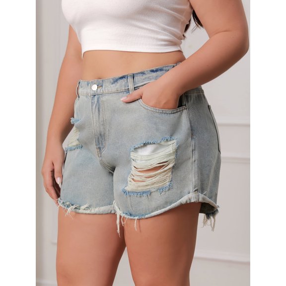 Retro Faded Blue Distressed Curved Hem Loose Fit Plus Size Light Wash Ripped Denim Shorts with Pockets & Button | Beach & Streetwear Casual Style