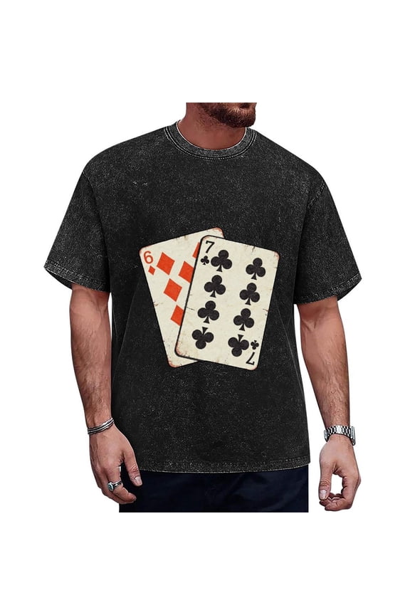 Retro Faded Playing Cards Overlap Print Black and Red Poker Theme Casual Tee for Men