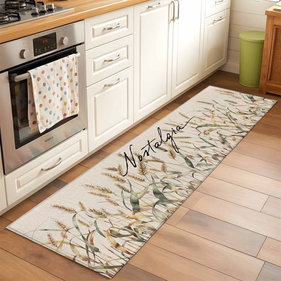 Retro Fall 2x6 Runner Rug for Hallway Walkway Kitchen Galley, Simple Wheat Hand Painting Nostalgia Linen Low Pile Washable Non Slip Long Area Rug