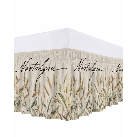 Retro Fall Bed Skirt Queen Size 16&nbsp;Inch Drop, Simple Wheat Hand Painting Nostalgia Linen Wrap Around Dust Ruffle Bedskirts, Wrinkle & Fade Resistant Easy Fit Bedskirt with Adjustable Elastic