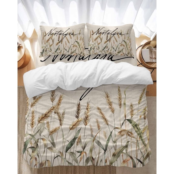 Retro Fall Bedding Duvet Cover Set Twin Size 4 Pieces Simple Wheat Hand Painting Nostalgia Linen Bedding Set with Zipper Closure, 1 Comforter Cover 68x86 Inches 1 Flat Sheet & 2 Pillow Cases