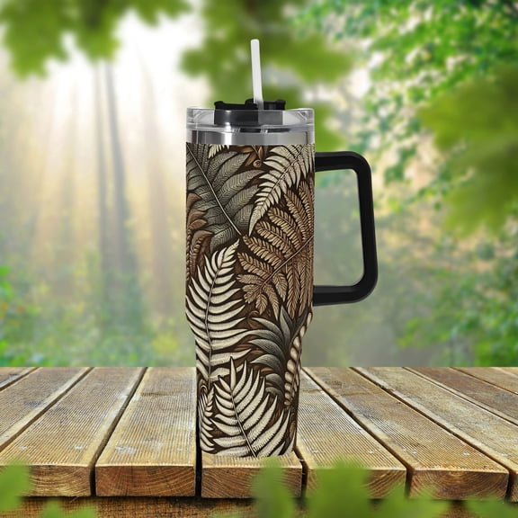Retro Fall Fern Leaves 40oz Stainless Steel Tumbler With Handle Lid and Straw, Leaf Botanical Drink Cup, Travel Tumbler, Fun Tumbler Gift
