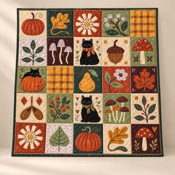 Retro Fall Patchwork Quilt Blanket: Black Cat Mushroom Pumpkin Autumn Decor