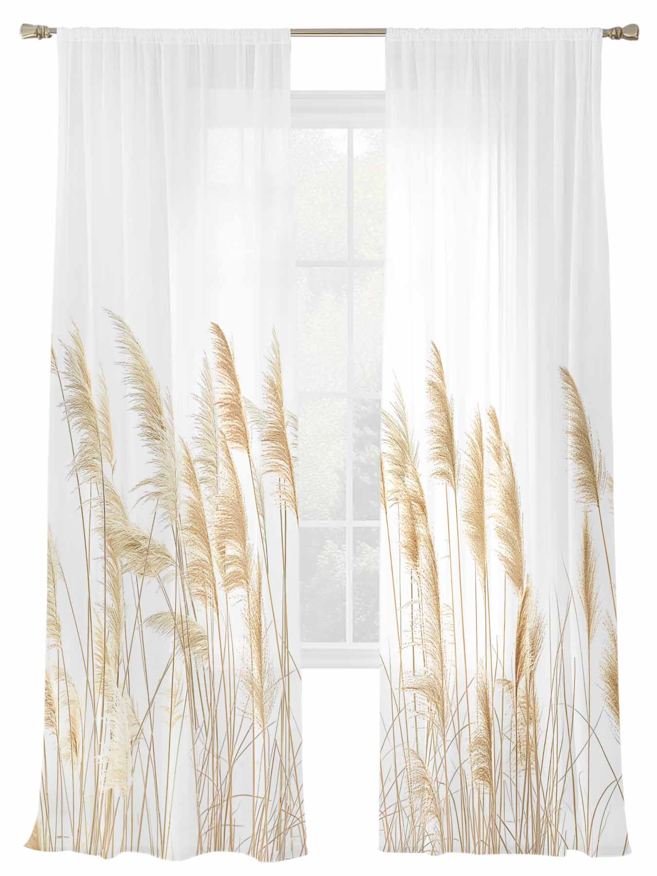 Retro Fall Sheer Curtains 2 Panels Set Reed Grass Simple White ...