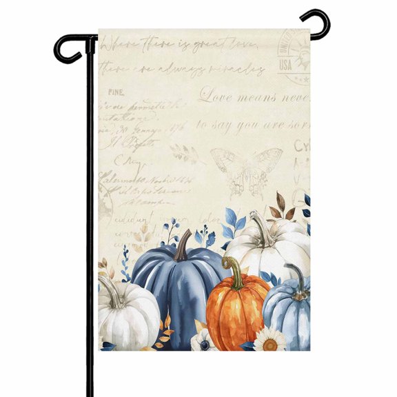 Retro Fall Thanksgiving Garden Flags for Outside Blue White Orange Boho Pumpkin Double Sided Yard Flags Outdoor House Decoration, Small 12X18 Inch,