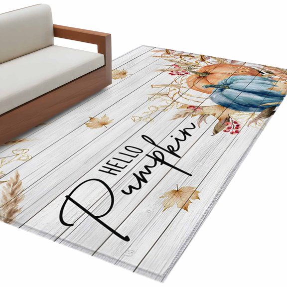 Retro Fall Wheat 3'x5' Washable Rug, Thanksgiving Pumpkin Leaves Wood Grain Non-Slip Area Rugs for Entryway Kitchen Classroom, Dorm Throw Carpet, Low Pile Soft Indoor Floor Mat