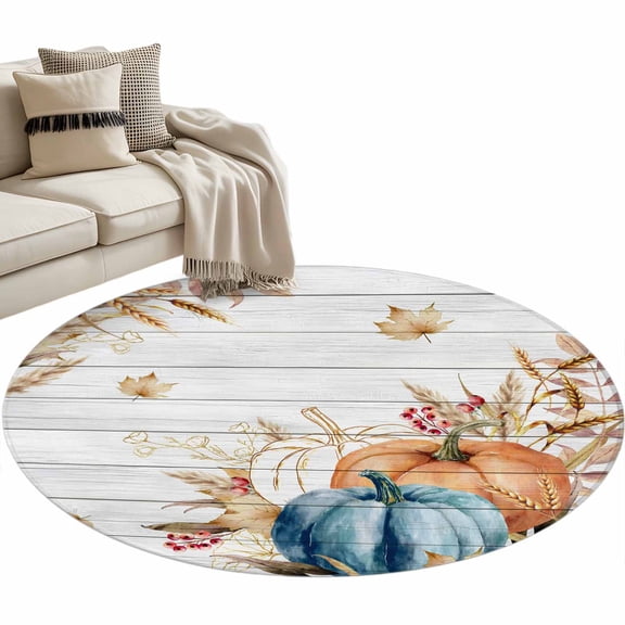 Retro Fall Wheat Round Area Rug 4ft, Thanksgiving Pumpkin Leaves Wood Grain Washable Non-Slip Circle Rugs for Bedroom Living Room Kitchen, Soft Non Shedding Circle Carpet for Dining Room Dorm