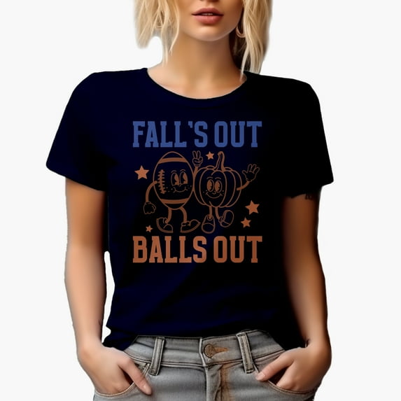 Retro Fall's Out Balls Out, Football & Pumpkin Art, Fall Merch Gift, Navy Blue T-Shirt, Large