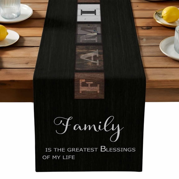 Retro Family Table Runner, FAMILY IS THE GREATEST BLESSINGS Wood Grain Kitchen Table Runners Dress Scarves for Table Decorations Party/Restaurant/Indoor Outdoor Use, 13x90in