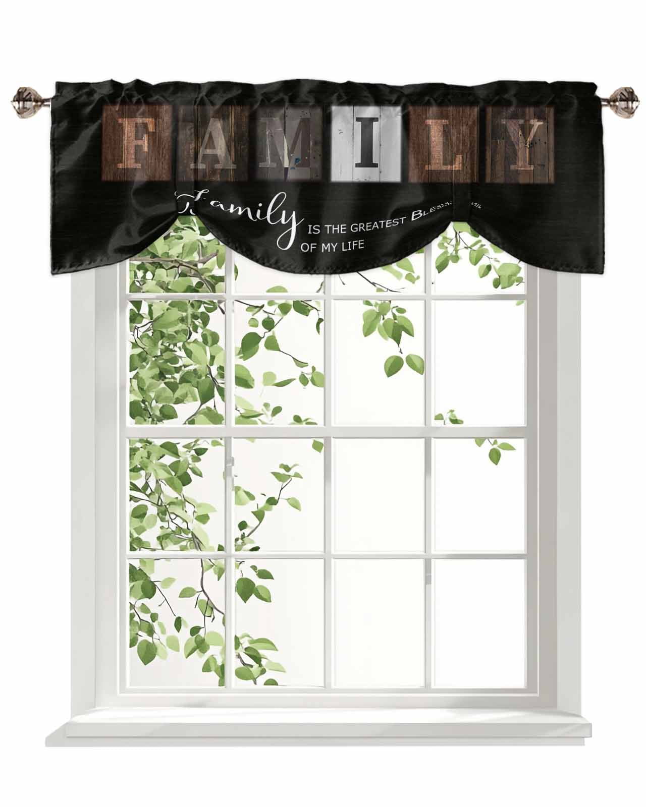 Retro Family Tie Up Valances Curtain, Adjustable Kitchen FAMILY IS THE GREATEST BLESSINGS Wood Grain Valances for Windows Decor, Rod Pocket Short Curtains Set for Bedroom/Bathroom, 54"x18"
