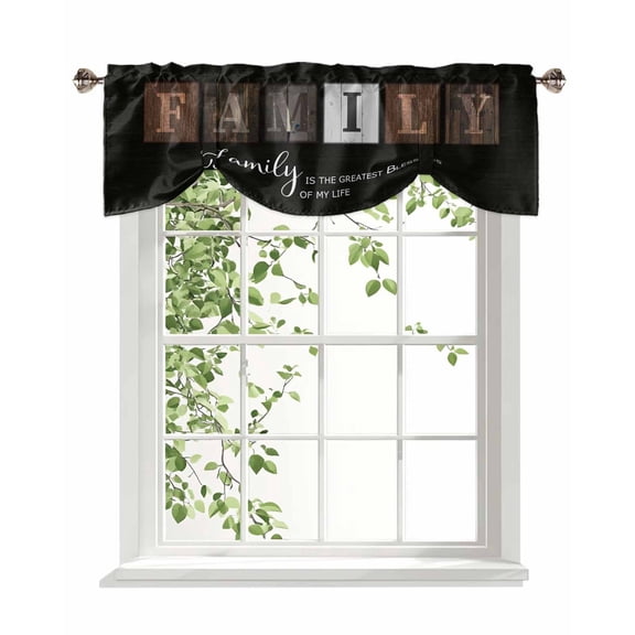 Retro Family Tie Up Valances Curtain, Adjustable Kitchen FAMILY IS THE GREATEST BLESSINGS Wood Grain Valances for Windows Decor, Rod Pocket Short Curtains Set for Bedroom/Bathroom, 42"x18"