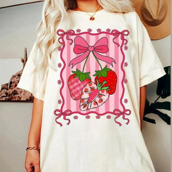 Retro Fancy Strawberry Coquette Bow T-Shirt, Mama Strawberry Everyday Shirt, Preppy Summer Tee, Little Girl Summer Shirt, Trendy Strawberry T-Shirt