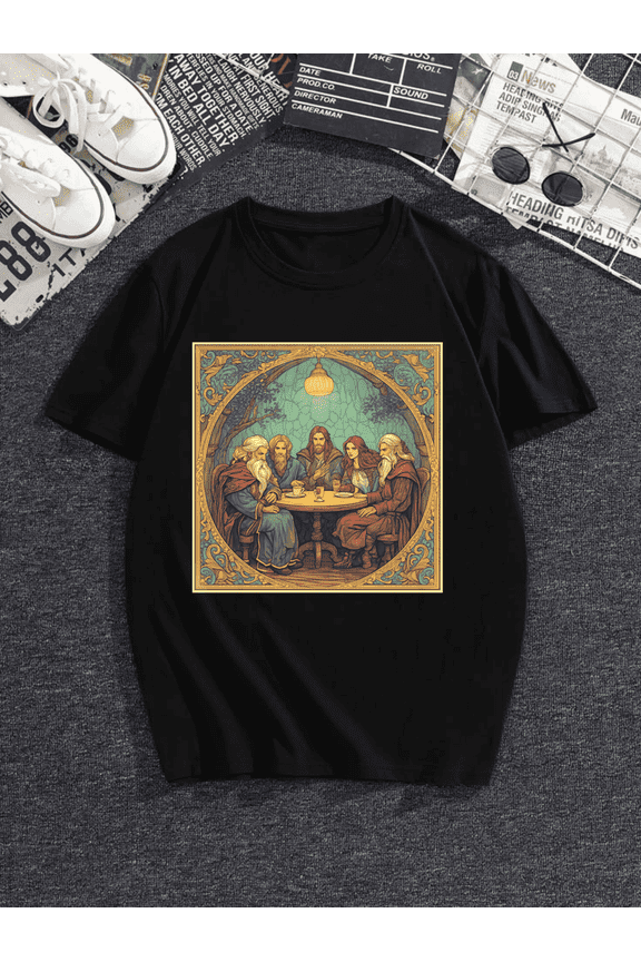 Retro Fantasy Wizard Gathering Graphic T-Shirt Vintage Medieval Tavern Art Tee Unisex Short Sleeve Cotton Top Casual Apparel