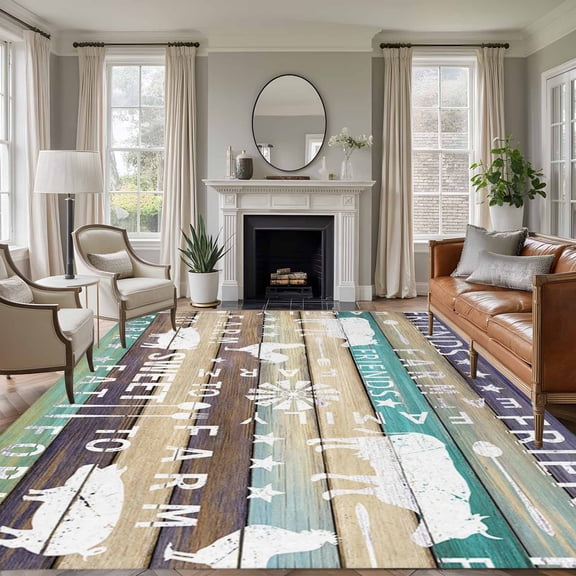 Retro Farm 5x7 Rug for Living Room Sofa and Coffee Table Layout, Animal Cow Pig Chicken Country Brown Green Wooden Washable Non Slip Rectangle Area Rug