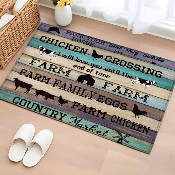Retro Farm Animals 2'x3' Washable Rug, Country Cow Pig Chicken Turquoise Wood Non-Slip Soft Doormat Area Rugs for Entrance Bathroom Bedsides, Carpet for Kitchen Bedroom, Entryway Floor Mat