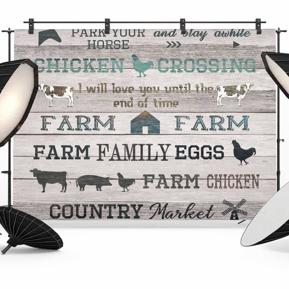 Retro Farm Animals Backdrop for Photography,Fabric Photo Background Backdrop,Country Cow Pig Chicken Teal Wooden Photo Booth Background for Portrait Photoshoot Video Wedding Studio Decor Banner 7x5ft