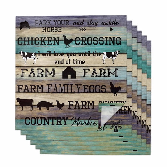 Retro Farm Animals Cloth Napkins, Country Cow Pig Chicken Turquoise Wood Washable and Reusable Dinner Napkins Set of 6, Table Napkin for Kitchen Party Birthday Wedding Hotel Housewarming 20"x20"