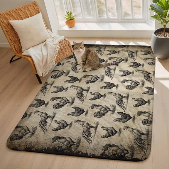 Retro Farm Area Rugs for Living Room 5x6, Chicken Rooster Animal Farmhouse Washable Area Rug with Non Slip Backing, Stain Resist Linen Carpet for Bedroom, Dining Room, Entryway, Entrance