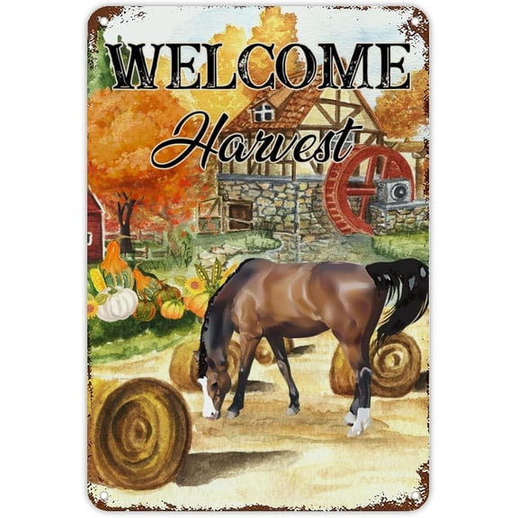 Retro Farm Barn Gold Pumkin Horse Metal Sign Fall Thanksgiving Metal Sign Welcome Harvest Wall Art Farmhouse Sign Rustic Wall Decor for Home Bars Clubs Cafes Man Cave Party 12x8 inch