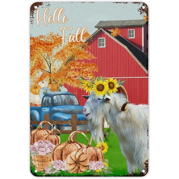 Retro Farm Barn Truck Sheep Goat with Sunflower Aluminum Metal Sign Fall Thanksgiving Metal Sign Hello Fall Wall Art Rustic Wall Decor for Home Man Cave Gate Garden Bars Cafes 12x8 inch