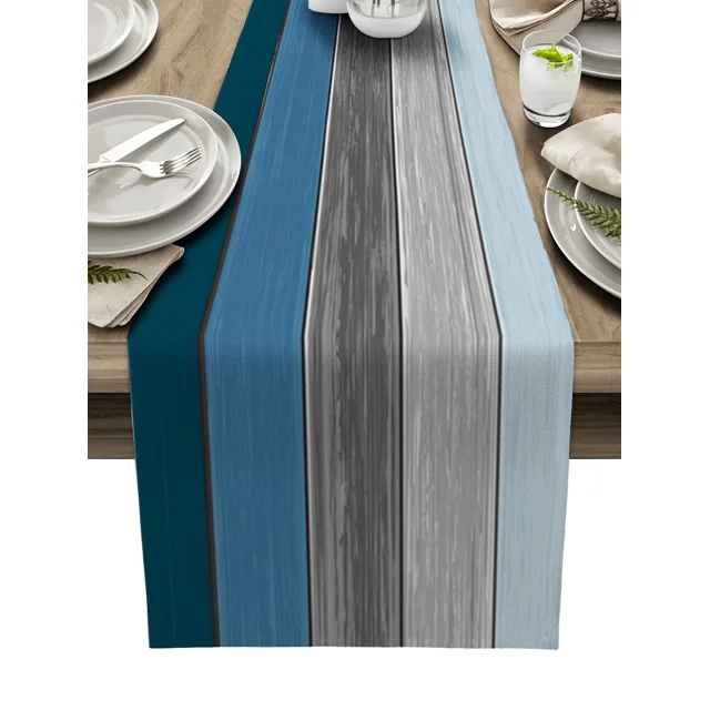 Retro Farm Barn Wood Grain Blue Gray Gradient Linen Table Runner Kitchen Table ration Dining Tablecloth Wedding Party r
