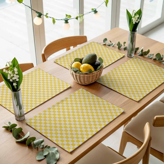 Retro Farm Beige Yellow Check Placemats Set of 4,Wipeable Washable Table Mats for Dining Tables, Rural Pastoral Buffalo Place Mats for Kitchen Event Party Tabletop Decor
