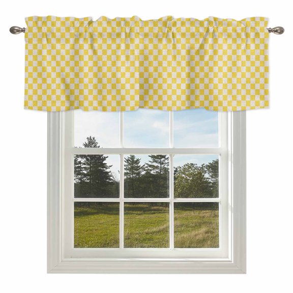 Retro Farm Beige Yellow Check Valances for Windows Rural Pastoral Buffalo Rod Pocket Curtain Valance Window Treatment Short Curtains for Kitchen Living Room,42x12in