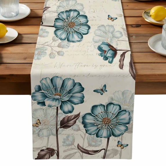 Retro Farm Blue Flowers Butterfly Table Runner-72 Inch Long Country Floral on Letter Table Runners Linen Burlap Tablerunner for Kitchen Dining Room Holiday Party