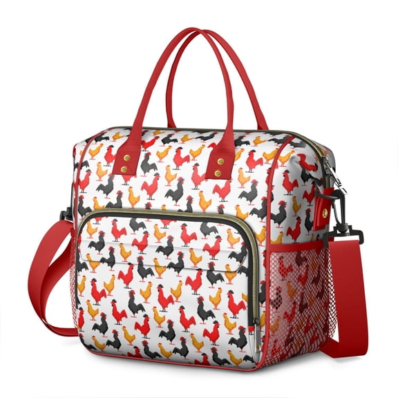 Retro Farm Chicken Insulated Lunch Tote Bag - Leakproof Cooler Bag for Office, Picnic & Travel with Multi-Pocket Design - Cute Cartoon Egg & Hen Print