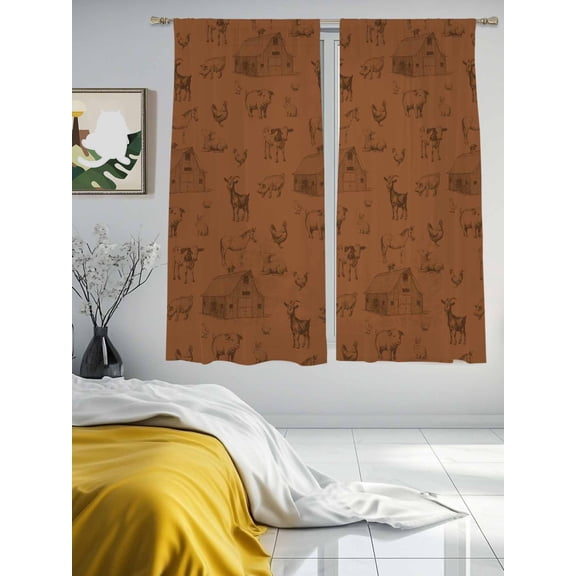 Retro Farm Cow Chicken Brown Chiffon Sheer Curtains 63 Inches Long Farmhouse Barn Animal Pattern Rod Pocket Window Curtains Voile Drapes Curtains for Living Room Bedroom,2 Panels