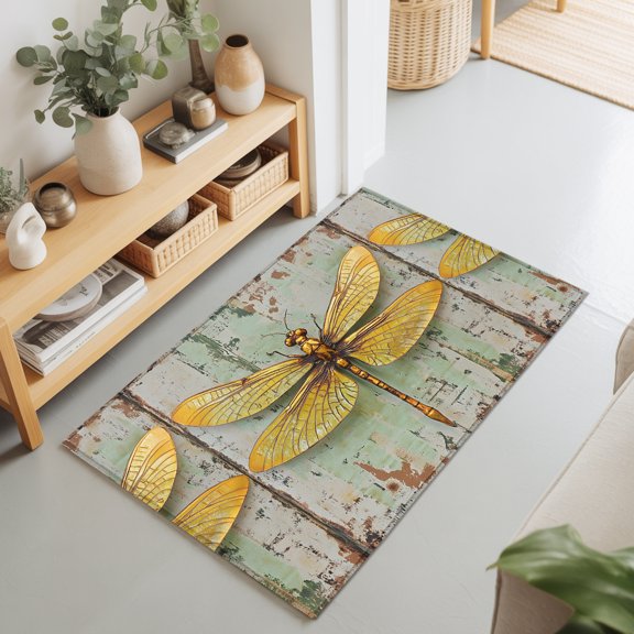 Retro Farm Dragonfly Shabby Wall Rectangle Rug 2'x3' Modern Insects Art Washable Area Rugs for Living Room Bedroom Entryway Non Slip Entrance Door Mat Indoor Floor Carpet