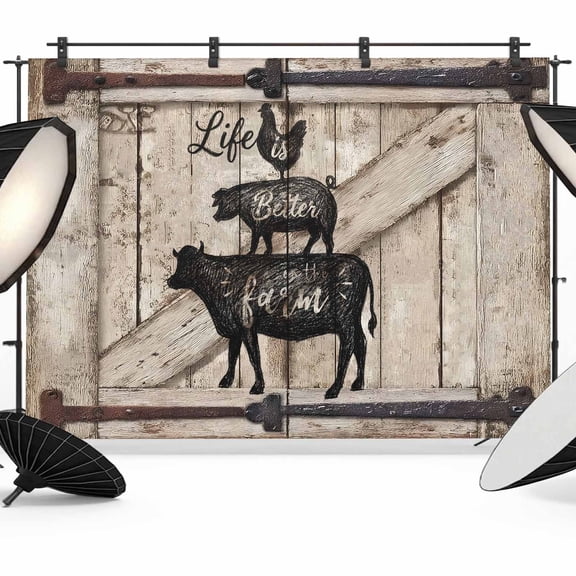 Retro Farm Photography Backdrop 7x5FT, Chicken Pig Cow Barn Door Board Rustic Photo Backdrops, Background for Photography Studio Photo Studio Background, Back Drop for Photoshoot