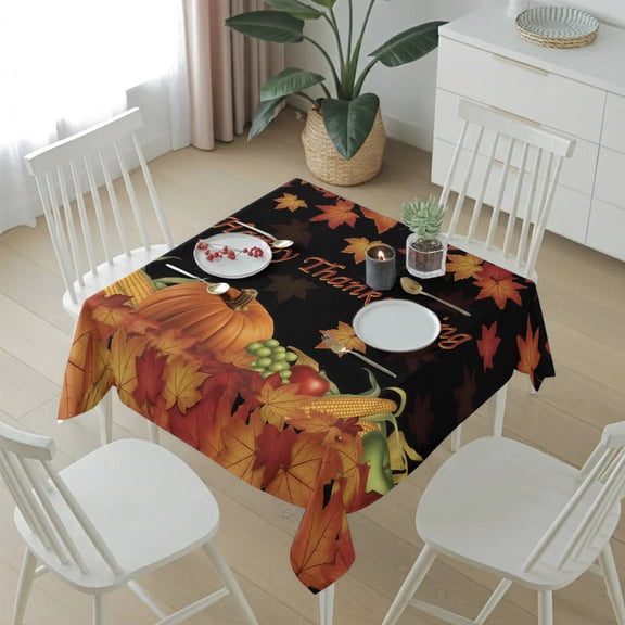 Retro Farm Pumpkin Corn Table Cloth 54x54in, Waterproof Square Tablecloth Wipeable Tablecloths Maple Leaf on Black Table Covers for Dining Tables Party Indoor Outdoor