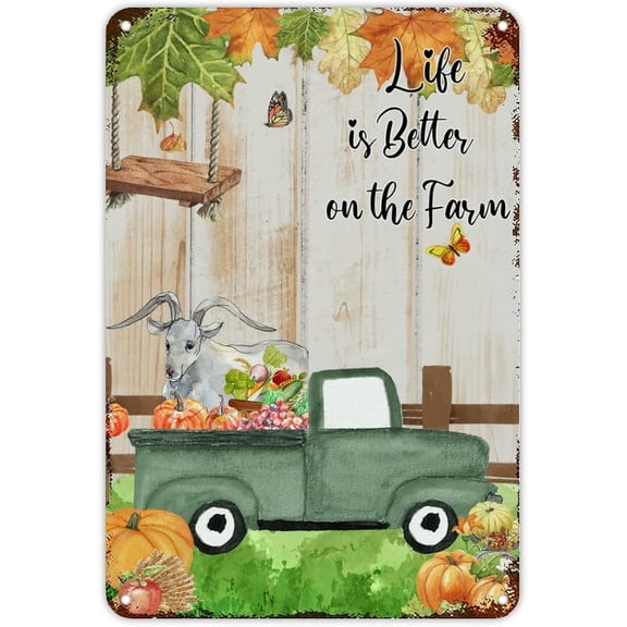 Retro Farm Pumpkin Green Truck Sheep Goat Metal Sign Fall Thanksgiving Metal Sign Life is Better On The Farm Wall Art Rustic Wall Decor for Home Bars Clubs Cafes Man Cave 12x8 inch