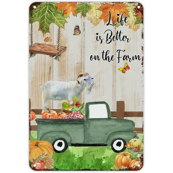 Retro Farm Pumpkin Green Truck Sheep Goat Metal Tin Sign Fall Thanksgiving Metal Sign Life is Better On The Farm Wall Art Rustic Wall Decor for Home Man Cave Door Porch Garden 12x8 inch