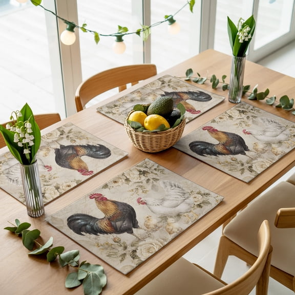 Retro Farm Rooster Hen Placemats Set of 4,Wipeable Washable Table Mats for Dining Tables, Vintage Garden White Floral Art Place Mats for Kitchen Event Party Tabletop Decor