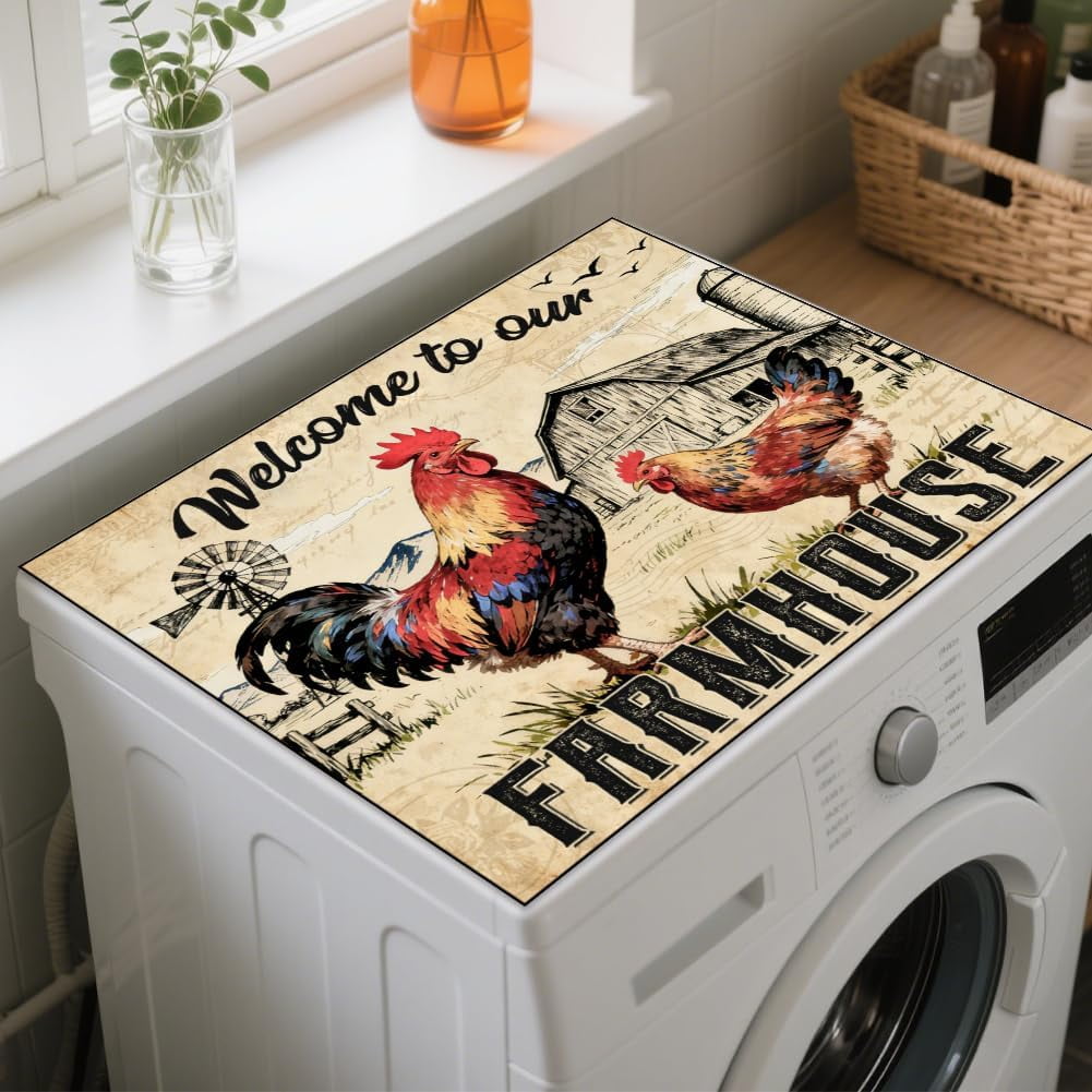 Retro Farm Rooster Laundry Room Washer Dryer Dust Cover Mat 23.6x19.7inch Welcome Cock Washing Machine Top Protector Pads Vintage