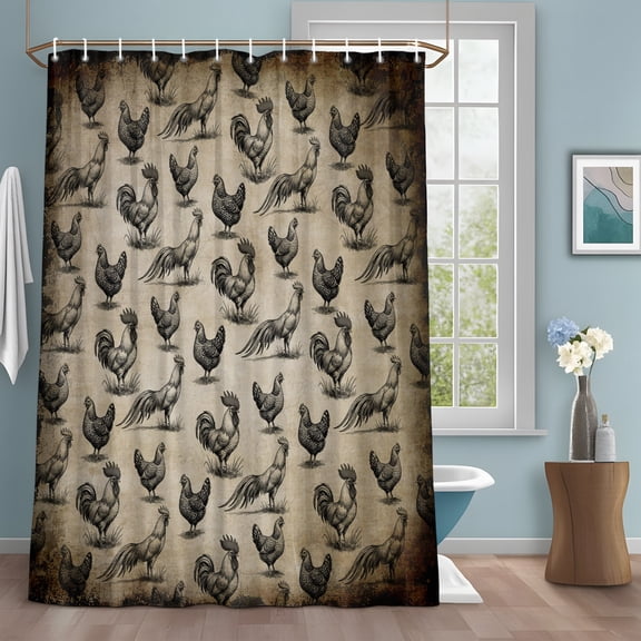 Retro Farm Shower Curtain with Hooks, Chicken Rooster Animal Farmhouse Water Repellent Shower Curtains for Bathroom Decor Sturdy Shower Curtain, Machine Washable 36x72 Inch