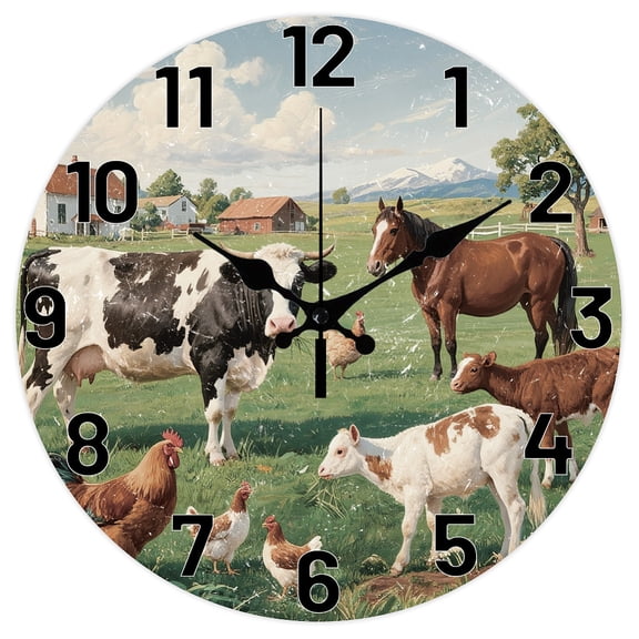 Retro Farm Style Pattern Wall Clock 12 Inch Non-Ticking Cows Pattern Clocks Round Wall Hanging Clock Battery Operated