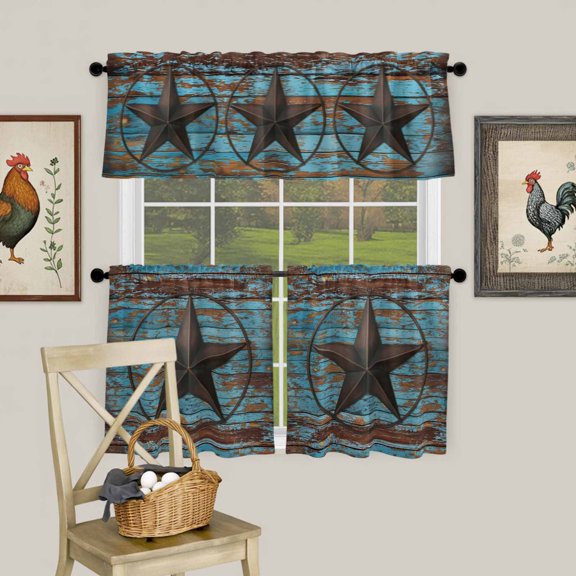 Retro Farm Texas Star Curtain Tier and Valance Set 3 Piece, Shabby Blue Wood Grain 3-inch Rod Pocket Window Tier Curtains Valance for Kitchen Living Room