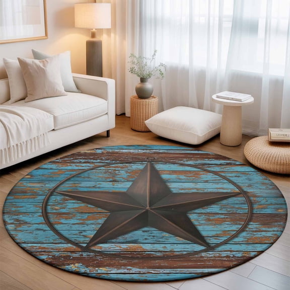 Retro Farm Texas Star Round Rug 5ft Shabby Blue Wood Grain Washable Area Rugs for Living Room Bedroom Entryway Non Slip Entrance Door Mat Indoor Floor Carpet