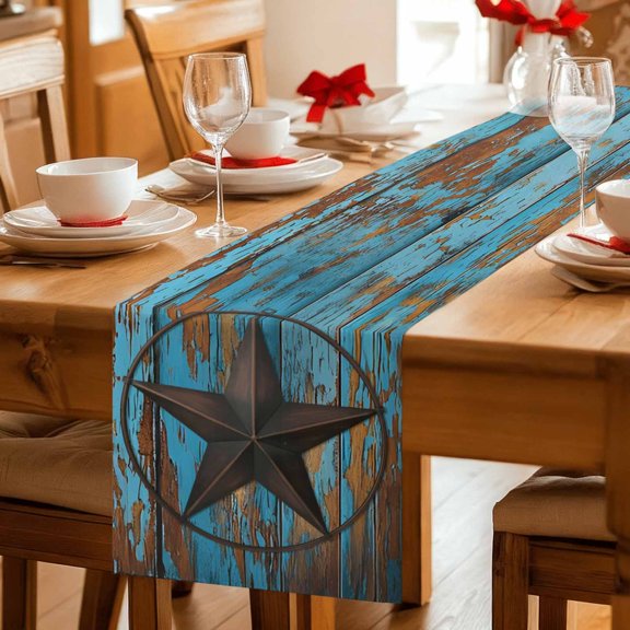 Retro Farm Texas Star Table Runner 36 Inches Long,Kitchen Dining Tablerunners Shabby Blue Wood Grain Linen Table Runners Dresser Scarves for Home Dinner Wedding Holiday Party Decor