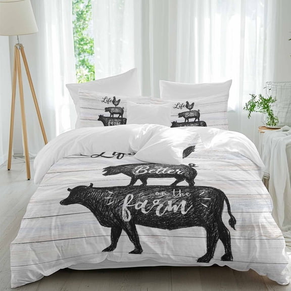 Retro Farm Twin Size Comforter Set, Chicken Pig Cow Farmhouse Animal Wood Grain Bedding for All Seasons, 4 Pcs Bed Set, 1 Quiltcover (68"x86") ,1Sheet(67"x116"), 2Pillowcases (30"x20")