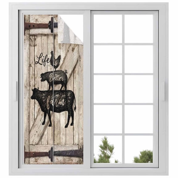 Retro Farm Window Privacy Film, Chicken Pig Cow Barn Door Board Rustic Frosted Glass Window Clings Static Cling UV Heat Blocking Reusable Door Sticker for Bathroom 23.6 x 59 Inch