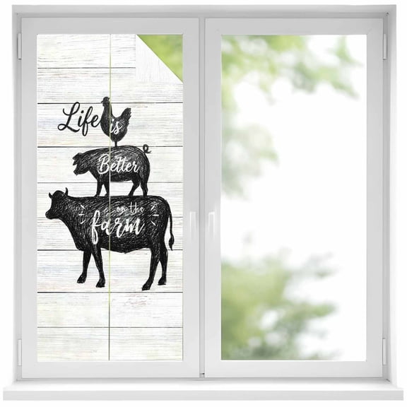 Retro Farm Window Privacy Film, Chicken Pig Cow Farmhouse Animal Wood Grain Frosted Glass Window Clings Static Cling UV Heat Blocking Reusable Door Sticker for Bathroom 19.6 x 39.3 Inch