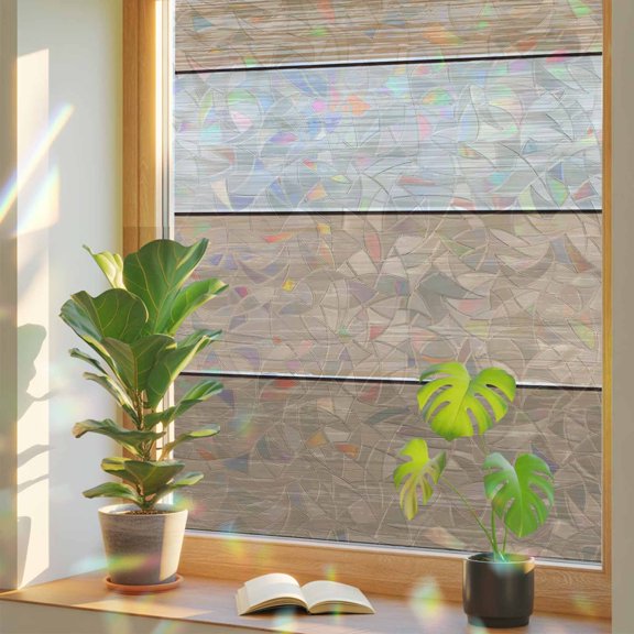 Retro Farm Wood Board Window Privacy Film, Rainbow Film Decorative Window Sticker 17.7x39.3in, Brown Graduality Striped Sun Blocking Static Stained Glass Cling Tint Non-Adhesive