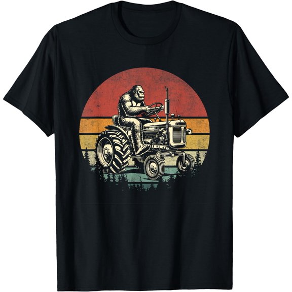 Retro Farmer Bigfoot Riding Tractor Funny Bigfoot Farming T-Shirt