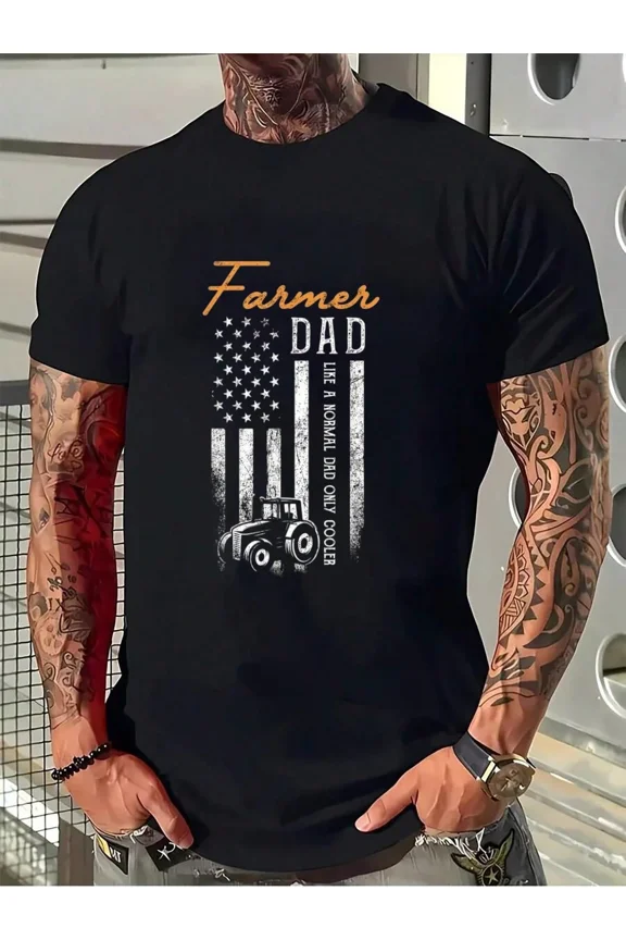 Retro Farmer Dad American Flag Tractor Men's T-Shirt Funny Father's Day Gift Short Sleeve Casual Tee