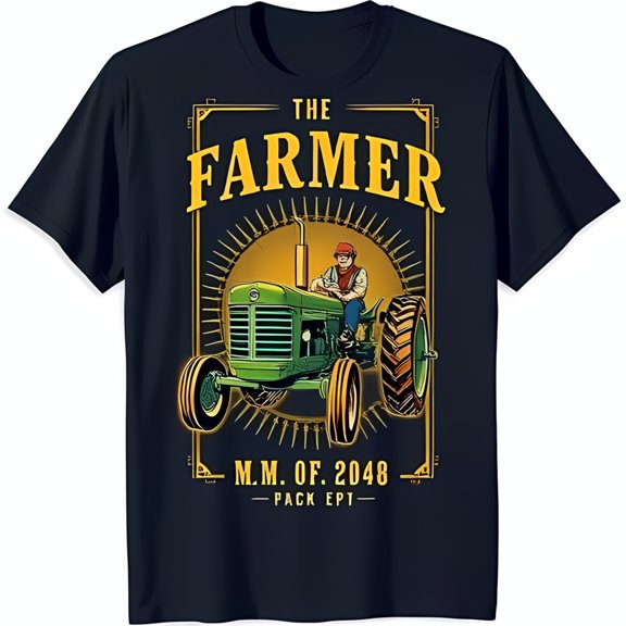 Retro Farmer Graphic T-Shirt Blue with Green Tractor Design & Yellow Border