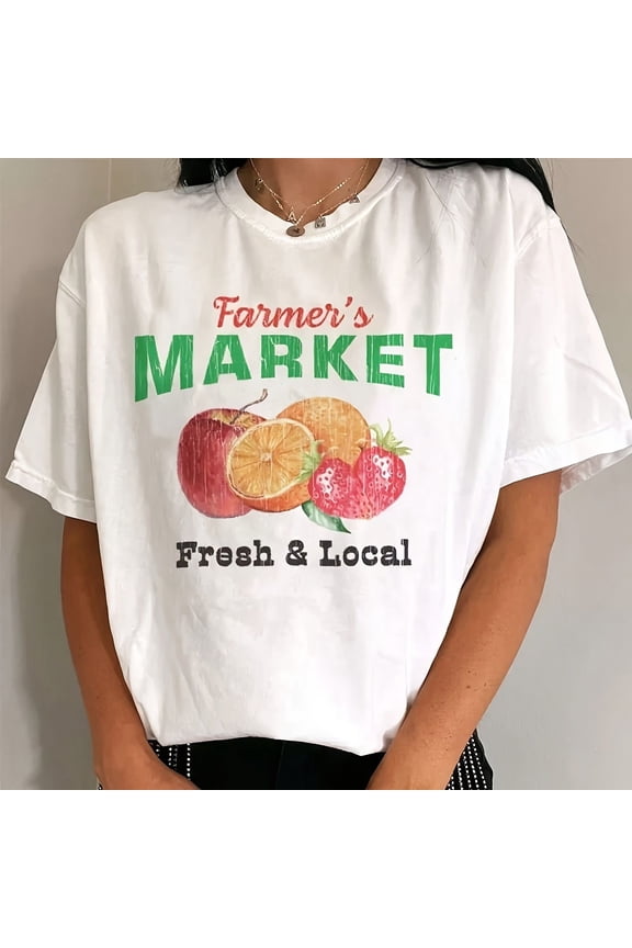 Retro Farmer's Market Graphic T-Shirt Vintage Style Fruit Illustration Fresh and Local Aesthetic Unisex Short Sleeve Tee